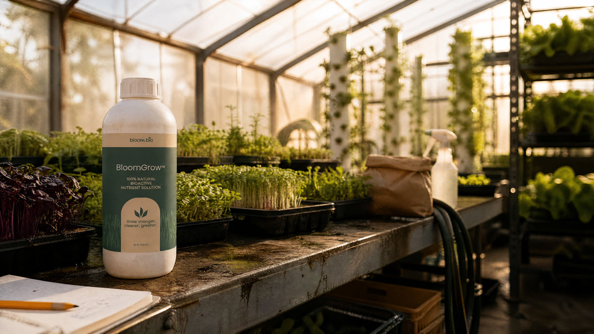 BloomGrow 1 L bottle on a greenhouse bench with microgreen trays and vertical towers behind