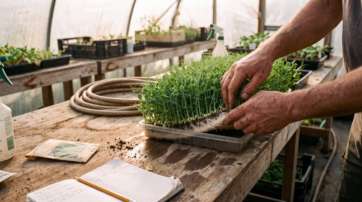 Grower checking a tray of microgreens on a greenhouse bench