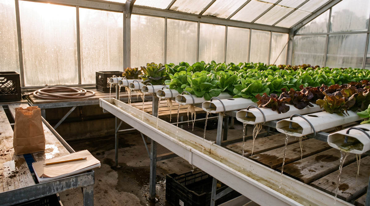 Lettuce growing in NFT channels in a greenhouse