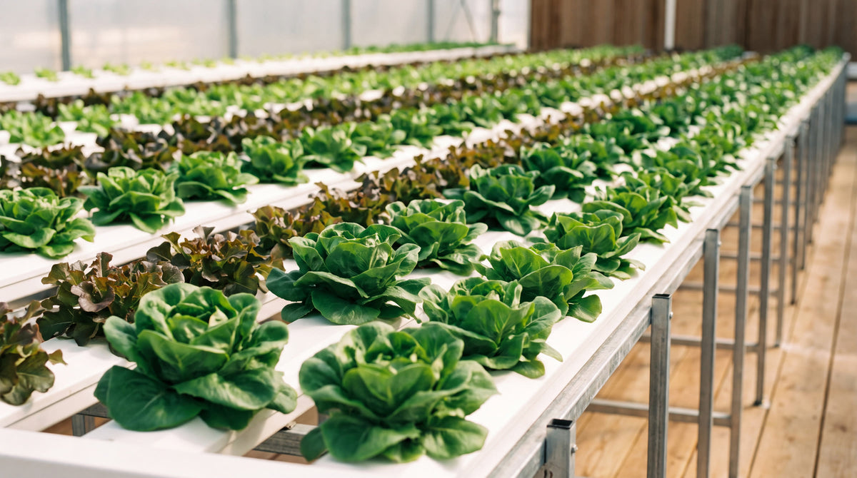 Rows of butterhead and red leaf lettuce in NFT channels