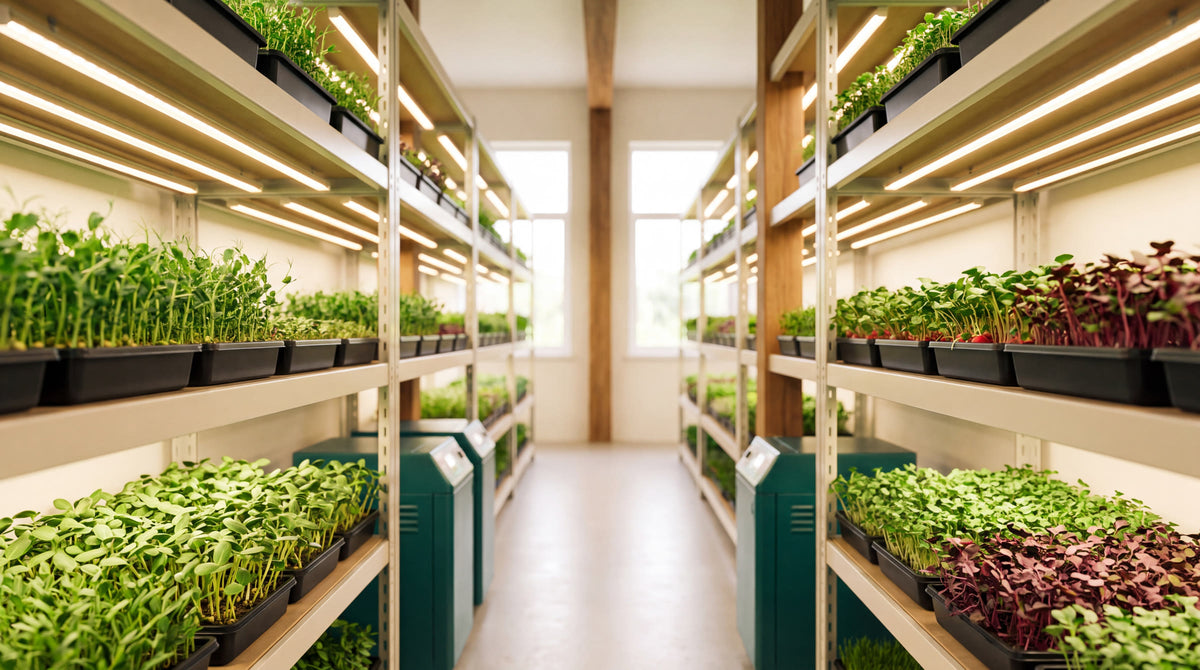 Indoor vertical farm with LED-lit racks of microgreens and leafy greens
