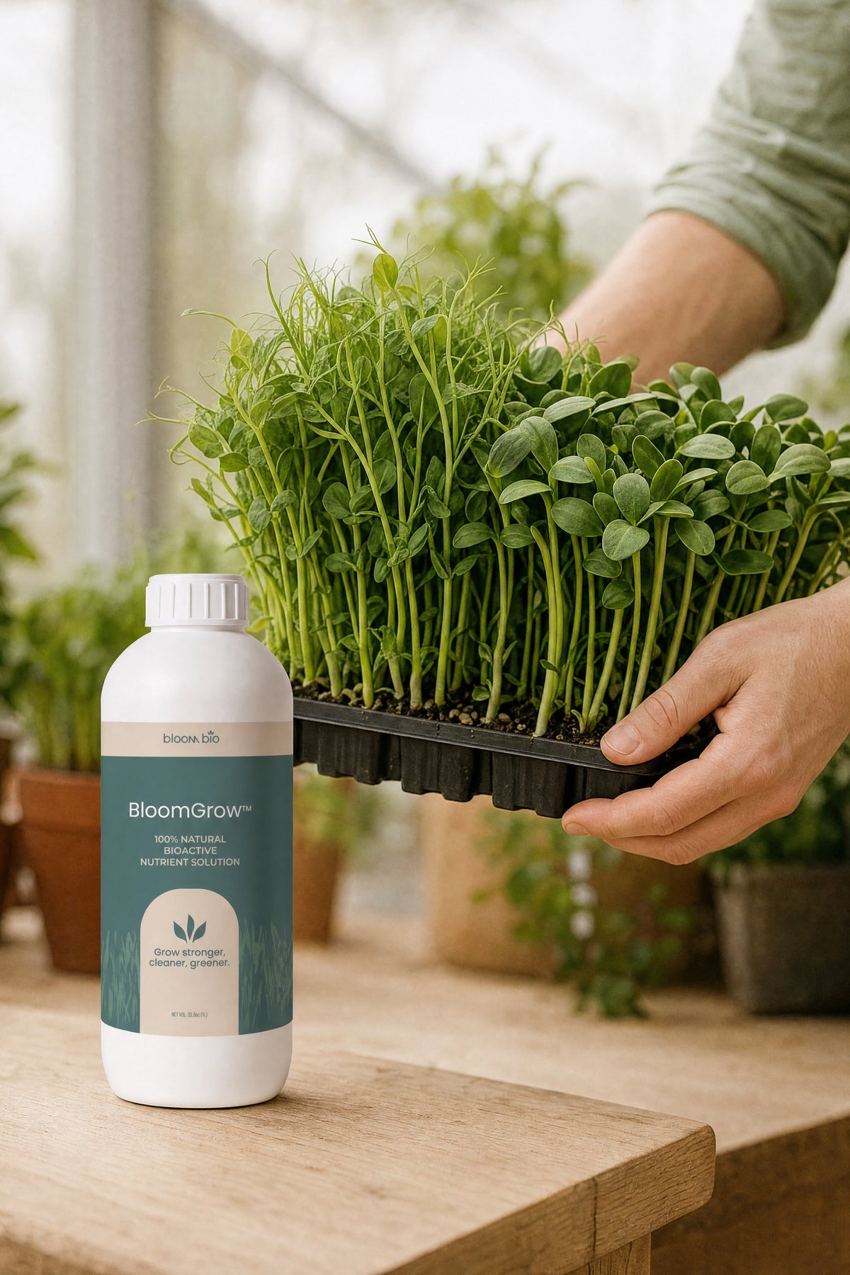 Grower lifting a tray of pea shoots next to the BloomGrow 1 L bottle