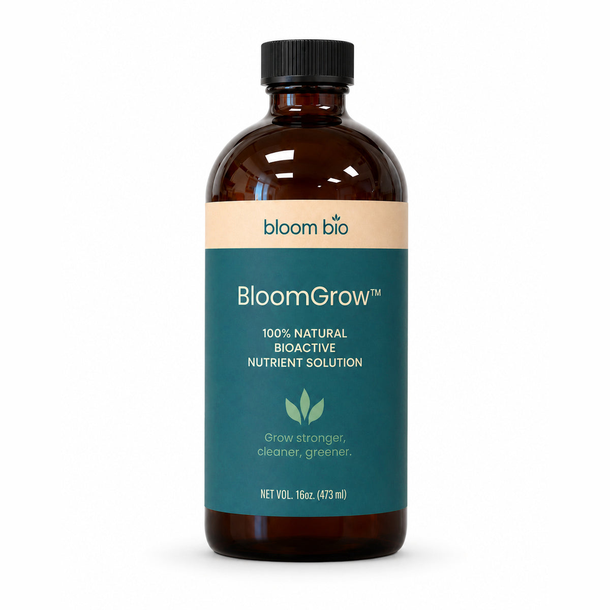 BloomGrow 16 oz (473 ml) amber bottle on a clean white studio background